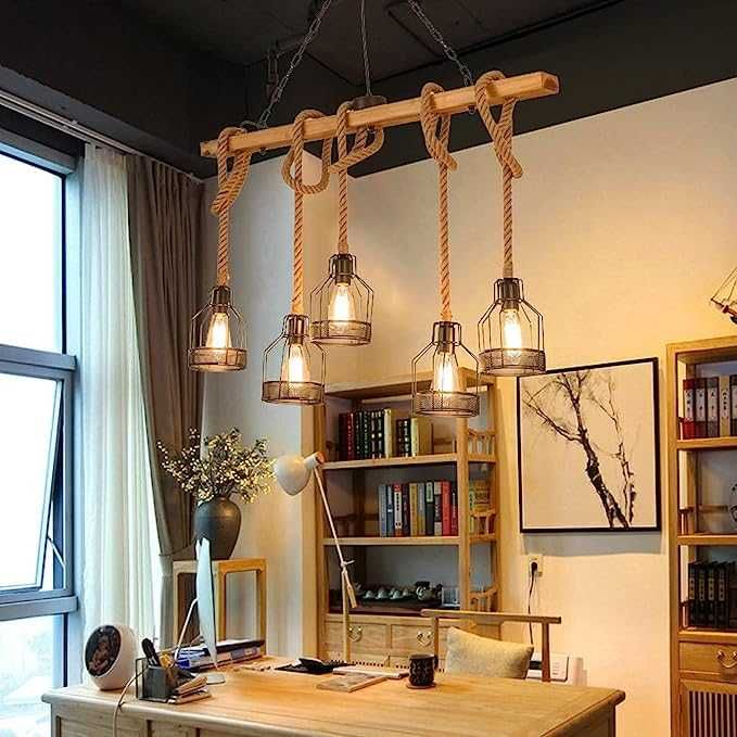 Висяща полилей винтидж ретро рустик дървена висяща черен метал 220