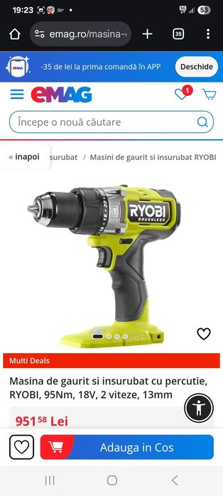 Masina de găurit si insurubat cu percutie RYOBI