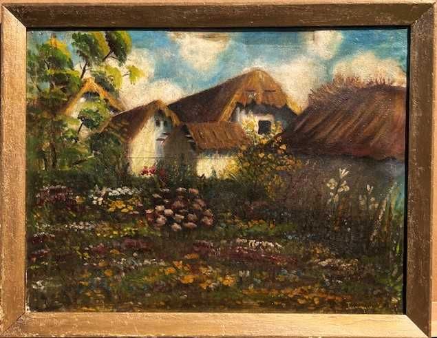 "GRADINA" Tablou f VECHI, 100 ani, ulei/panza, semnat, 70x55cm+rama