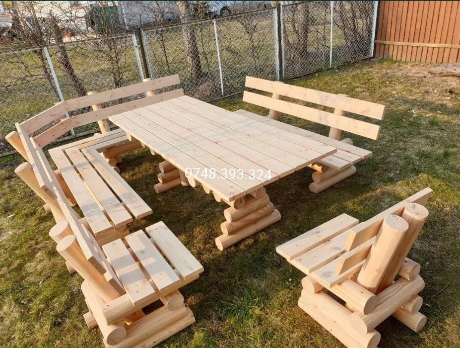 Masa cu bănci și scaune din bușteni rustic masiv