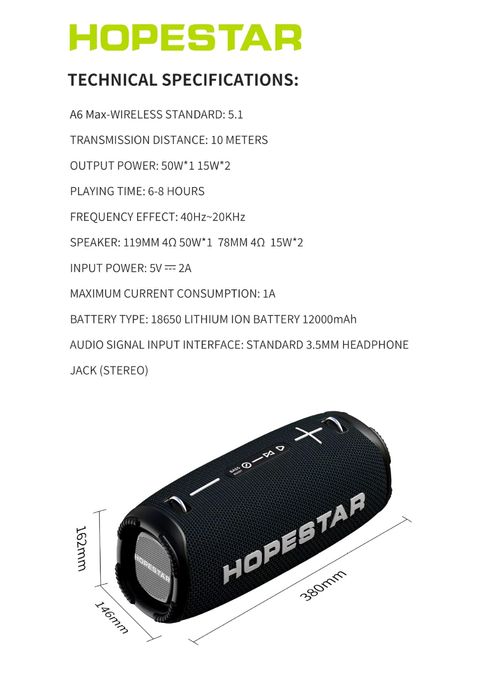 Portativnyy Bluetooth-mikrofon HOPESTAR A6MAX, 80 Vt