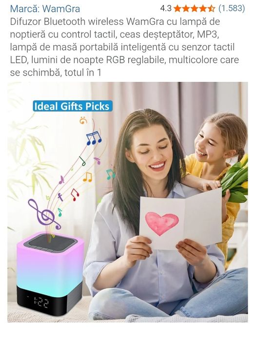 Lampă de noptieră cu ceas deșteptător, difuzor Bluetooth, lumină de no