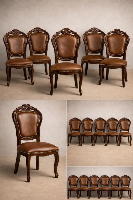 Set 6 scaune din lemn masiv cu piele italiana  fara masa