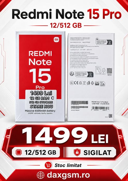 Redmi Note 15 Pro, 12/512 GB, Sigilat, Garanție
