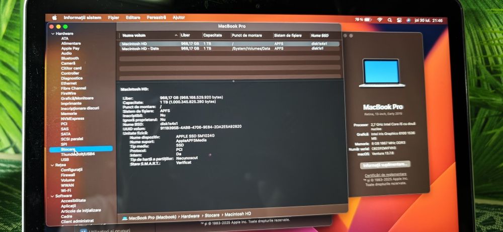 MacBook Pro 13" Retina Early 2015 – i5, 8 GB RAM, SSD 1 TB, baterie nouă (1 ciclu de încărcare)