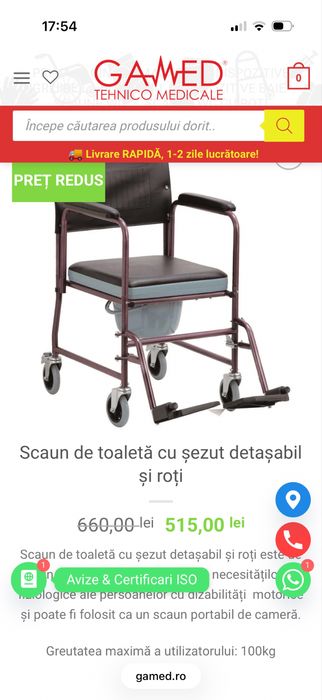 Scaun de toaleta cu sezut detasabil si roți