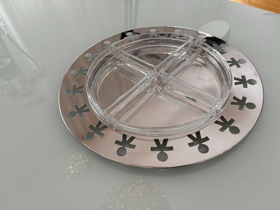Alessi Italia tava de servire din inox cu 4 recipiente din cristal pentru aperitive model rar