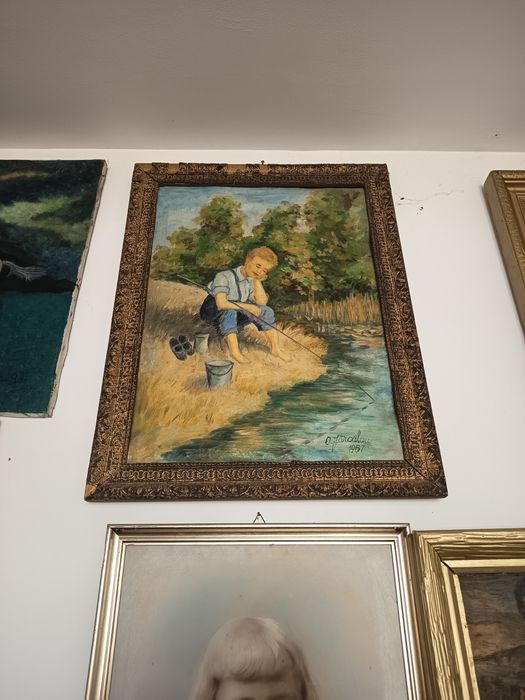 Tablou copil la pescuit semnat și datat 1967