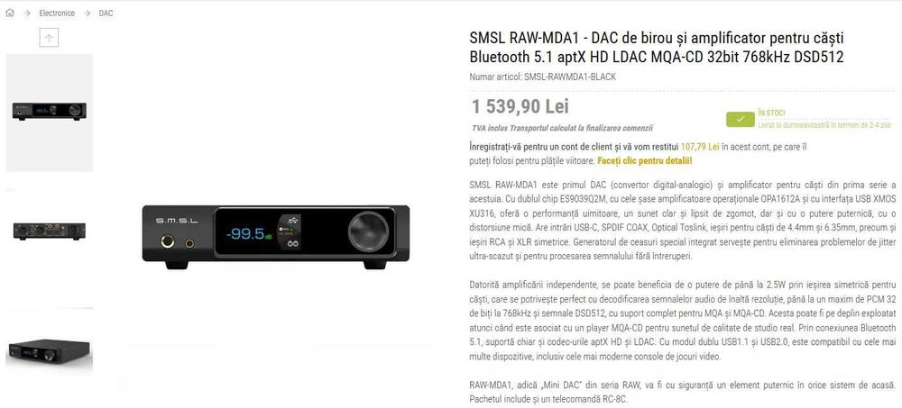 SMSL RAW-MDA1 - DAC de birou și amplificator pentru căști