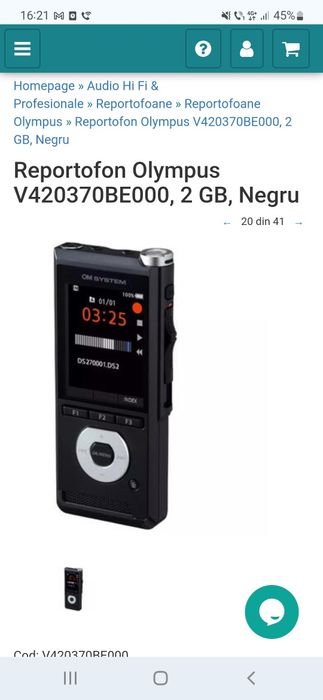 Reportofon Olympus V420370BE000, 2 GB, Negru