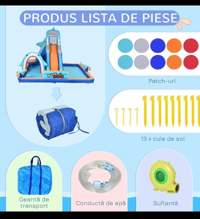 Vând tobogan gonflabil/ piscina gonflabila rechin. Toboganul a fost cumpărat in vara anului trecut si a fost folosit doar o singura data. Se poate f