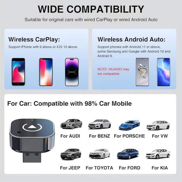 Adaptor auto Wireless CarPlay, Android/ ios  Auto, USB, Bluetooth 5.0, Negru