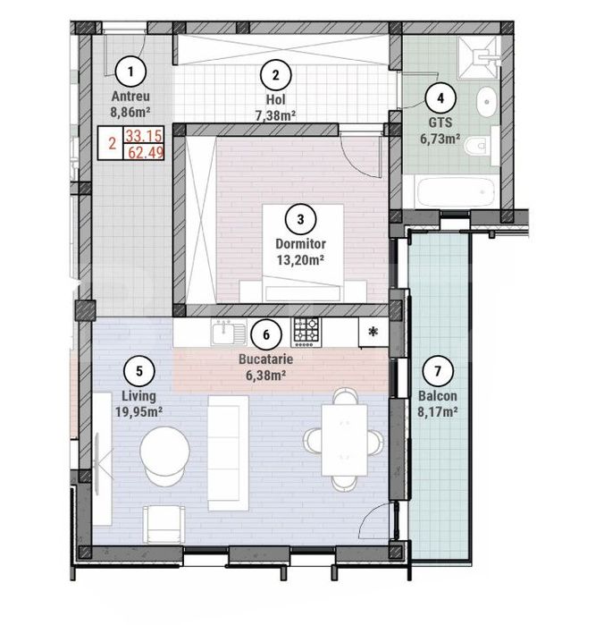Apartament cu 2 camere 62 mp utili