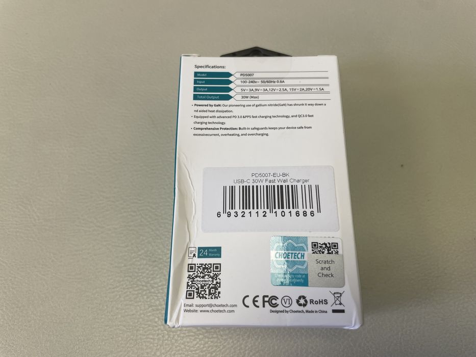 Бързо зарядно Choetech GaN USB charger Type C PD 30W black