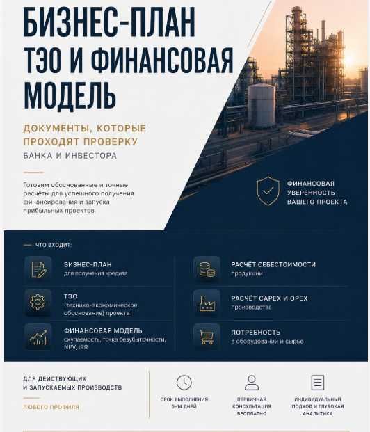Бизнес-план, ТЭО, финансовая модель для банка и инвестора