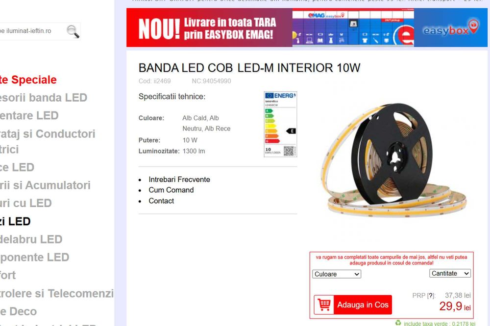 Bandă LED COB 110V 3000K 10W – 100m, lumină continuă, 9 lei/m