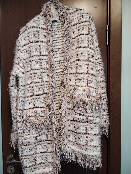 Жилетка тип Шанел бежаво кафява гама, жилетка тип палто -бежаво кафява