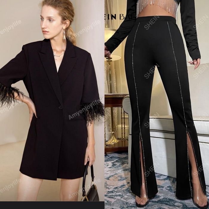 Sacou negru pene + pantaloni negri strasuri Shein Bae