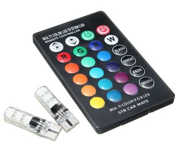 Set 2 Becuri T10 LED 12v RGB Cu Telecomanda Auto RU