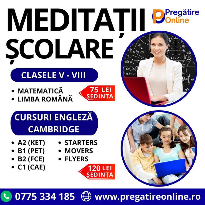 Meditații gimnaziu lb română și matematică, engleză Cambridge / adulți