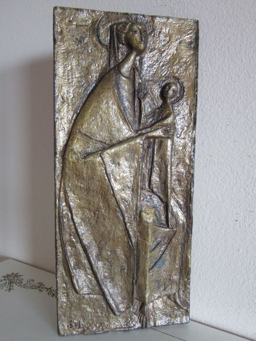 cadou rar Fecioara Maria cu pruncul, bronz E.Huber Austria1988