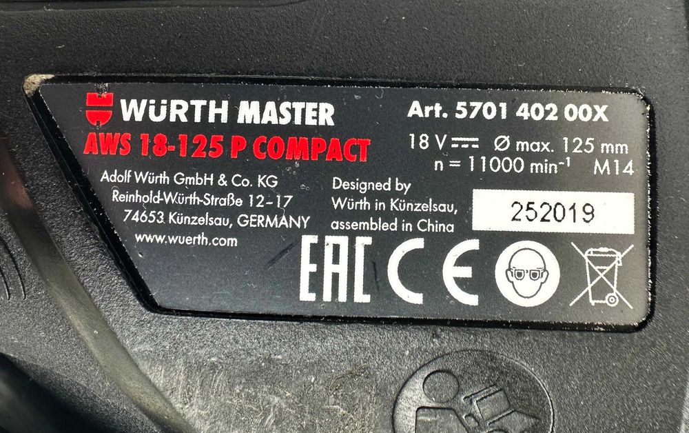 Wurth AWS 18-125 P Compact M-Cube -Безчетков акумулаторен ъглошлайф 18