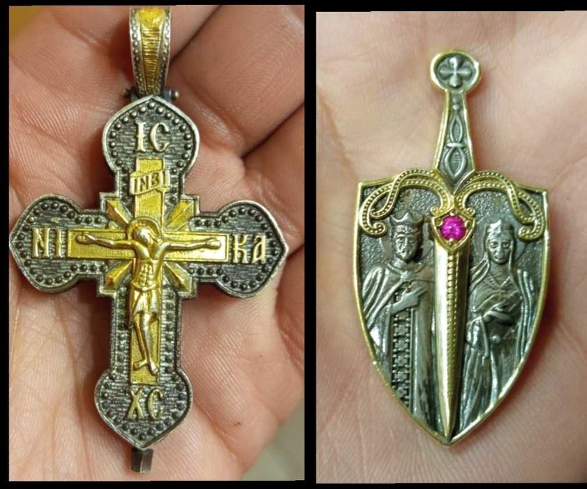Сребърен Кръст Енколпион  Богородица Св. Константин и Елена и Михайл