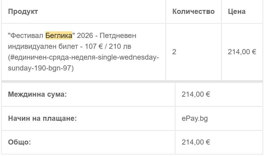 Продавам един билет за Беглика фест