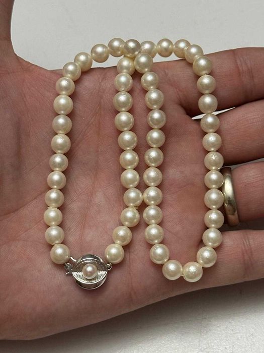 COLIER PERLE Naturale Rotunde +Inchizatoare AUR Alb 18k -2.5g -Vintage