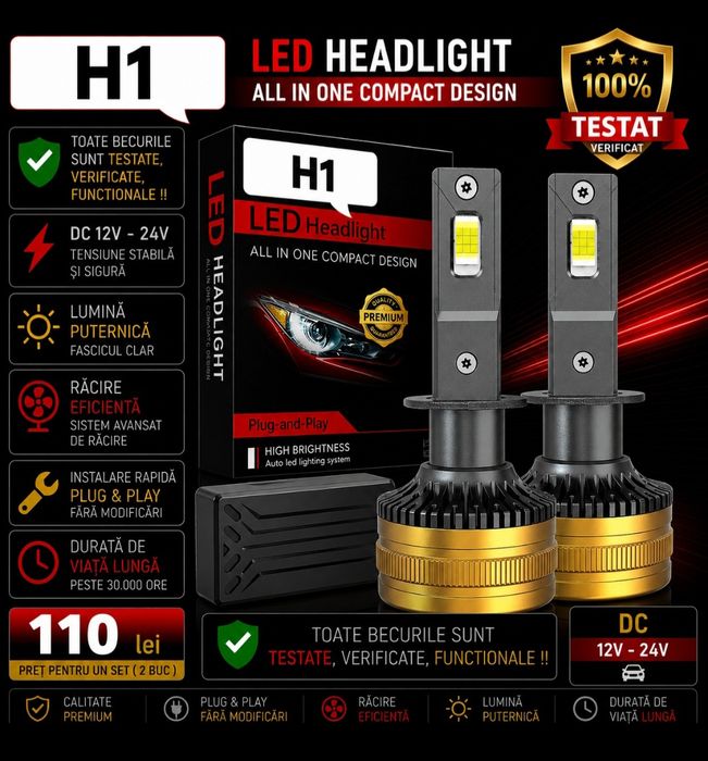 Becuri LED H1 Canbus 12V-24V 60000LM set 2buc