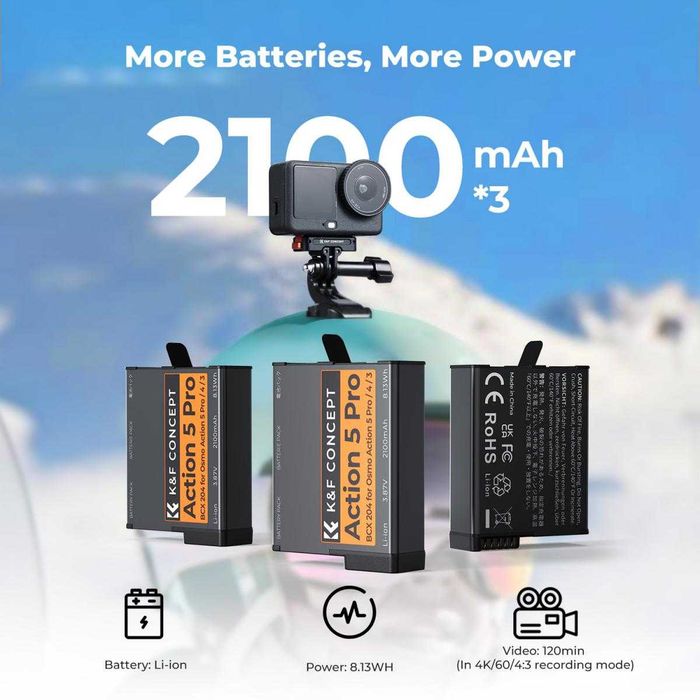Комплект 3 батерии и интелигентно зарядно K&F Concept за DJI Osmo Action 5 Pro / 4 / 3