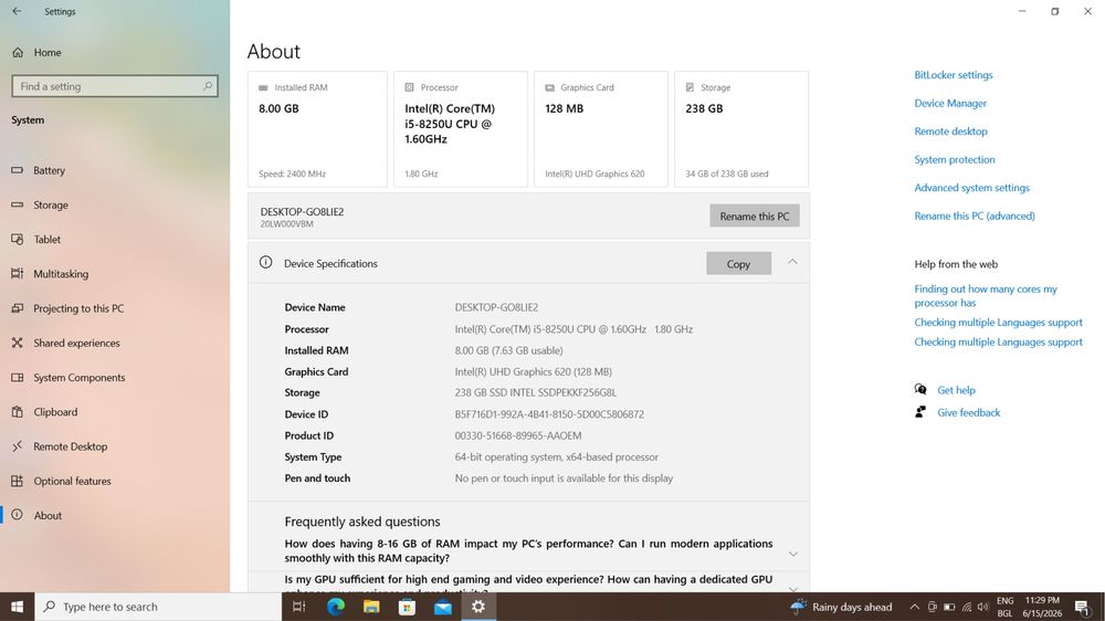 Lenovo Thinkpad L580 / Intel Core i5-8250U / 8GB RAM / 256GB SSD / Win