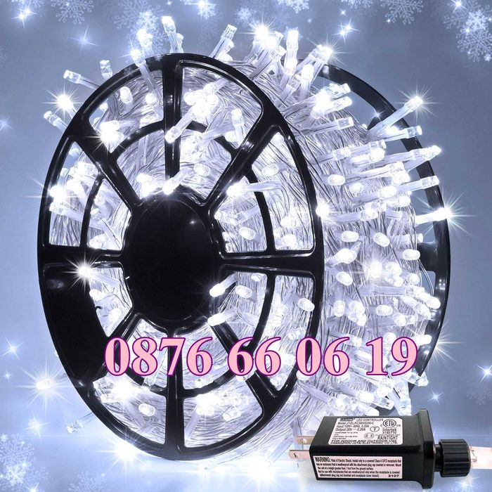 Коледни лампички 100 метра на макара, бяла светлина, водоустойчиви