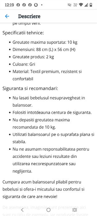 Vand Balansoar Bebe Leagan Inclinare 3 Trepte - Reglabil, Pliabil, Mo