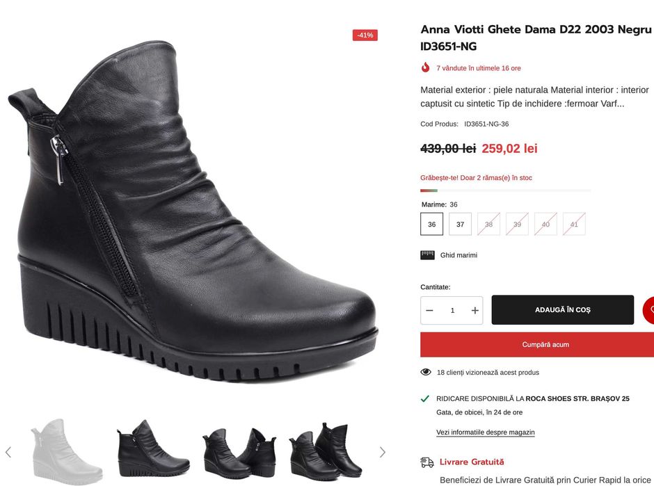 Ghete botine dama Anna Viotti, negru, piele naturala, toc 3cm, size 38