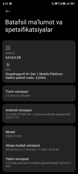 XIAOMI 12 T PRO 
umuman aybi yoʻq 
Usta koʻrmagan 
128 ga 8+8 
Xiaomi