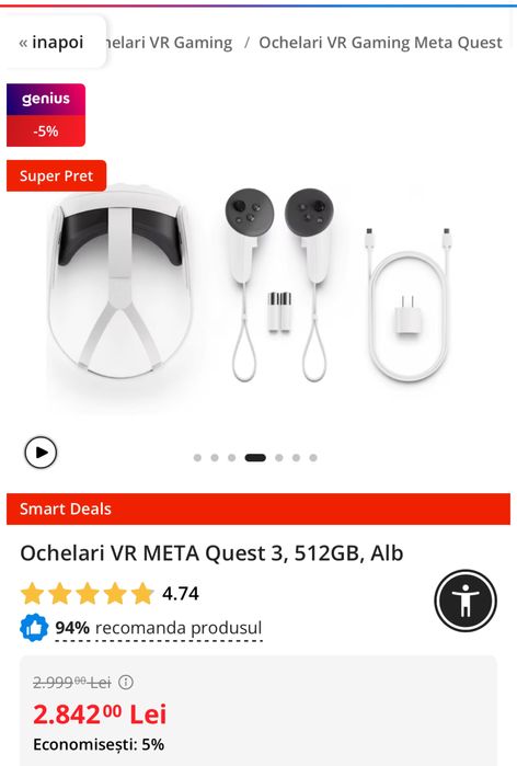 Ochelari VR Meta Oculus 3, 512GB, White, sigilati, transport inclus