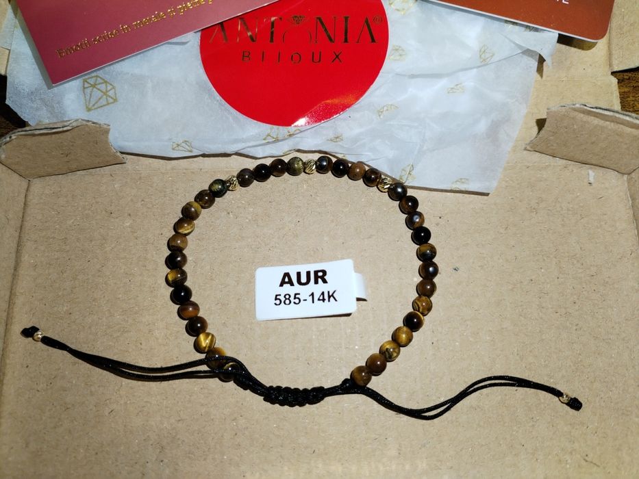 Brățară cu pietre semipretioase ochi de tigru cu bile aur 14 K