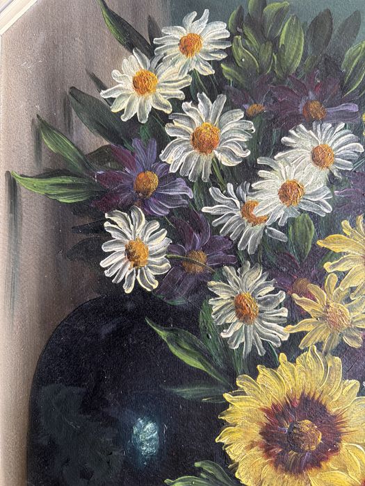 Tablou,pictura in ulei pe lemn ,vaza cu flori de camp ,semnat.