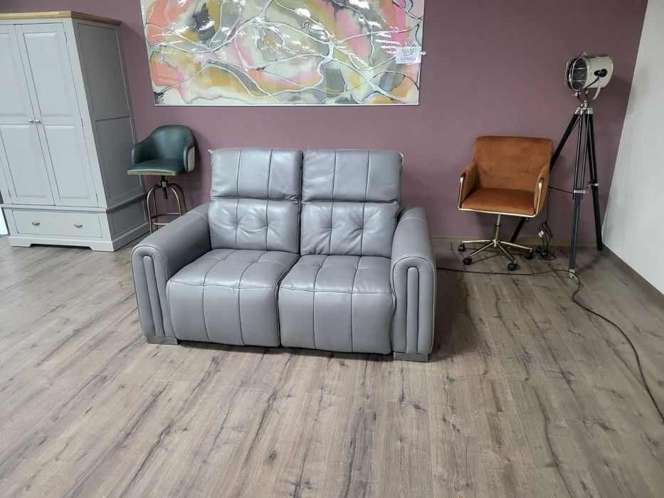 Сив кожен диван двойка с електрически релакс механизъм "Alessio"