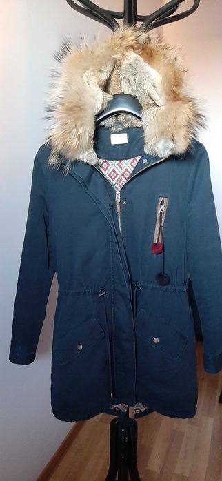 Тъмно синьо яке с кожена   качулка