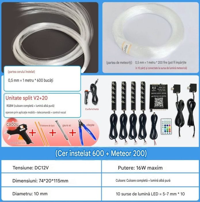 Kit Premium Cer Instelat RGBW + Efect Meteoriti (Stele Cazatoare) – 800 Fibre Optice (Aplicatie + Telecomanda)