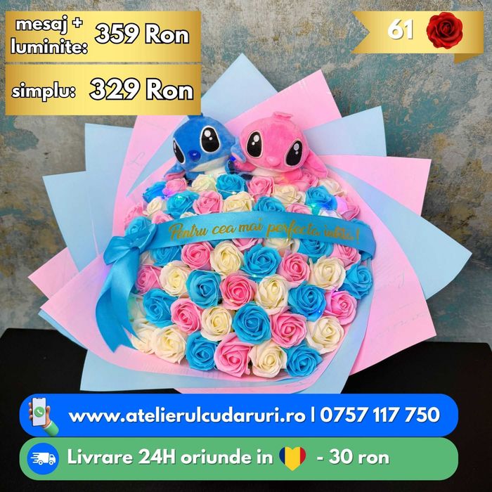Buchete de flori cu Stitch Roz & Albastru | Livrare in 24h