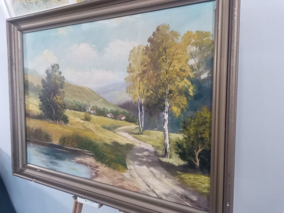 Стара маслена картина "Пейзаж с брези" – 78х59 см | Подписана