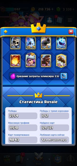 Продам аккаунт Clash Royale | 11510 кубков  | Фулл карты 121