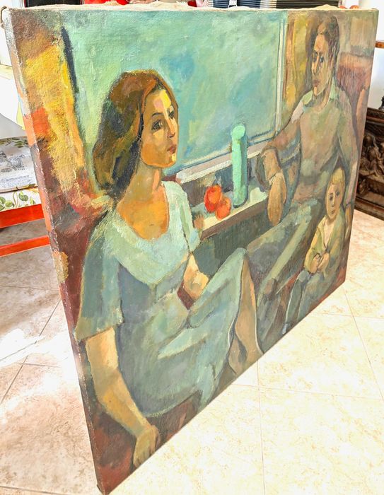 Огромна Стара Соц Реализъм Картина "Семейство", Б.Обрешков 1968 г.