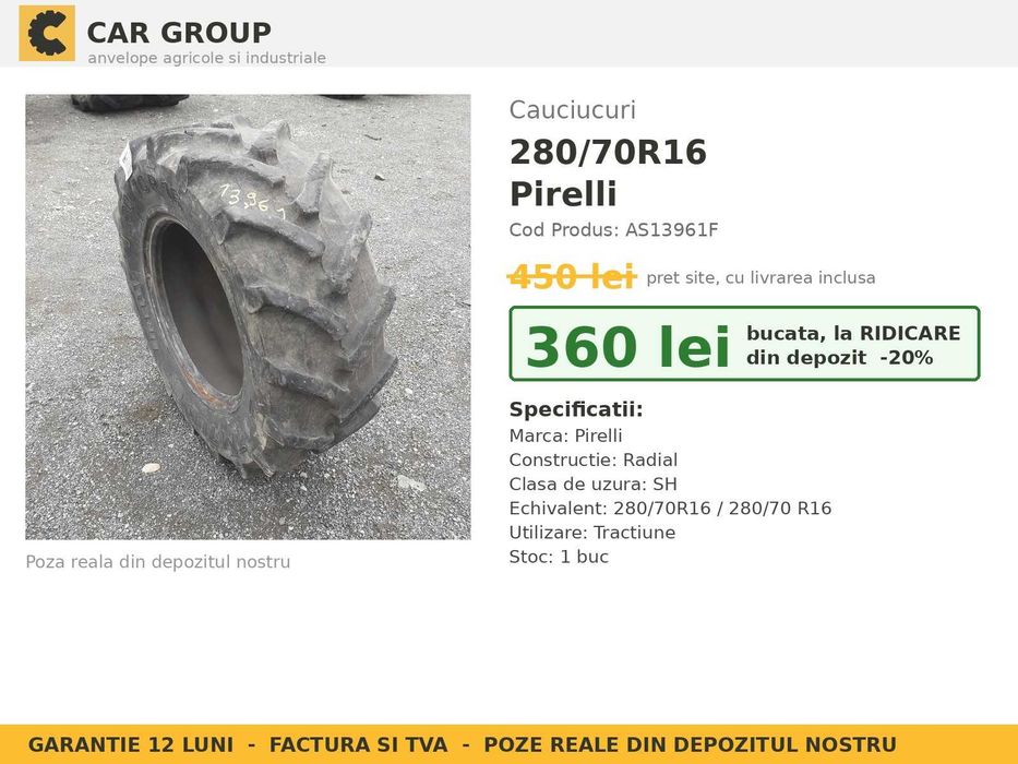 ANVELOPE 280/70R16 280/70 R16 28070R16 Pirelli Cauciucuri Tractor Compact 4x4 Livada Vie Sera Utilaj Mic SH GARANTIE 12 Luni Factura TVA Livrare