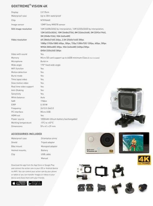 Camera de actiune GoXtreme Vision WiFi 4K, 100MB/s mSD PNY,sigilat