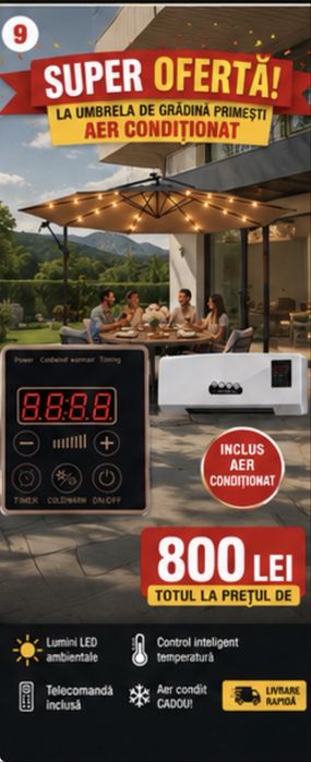 Super-Oferta !! Umbrela luminata de gradina 3x3 m + Aer Conditionat Mobil Gratuit .Totul la pachet Promotiinal