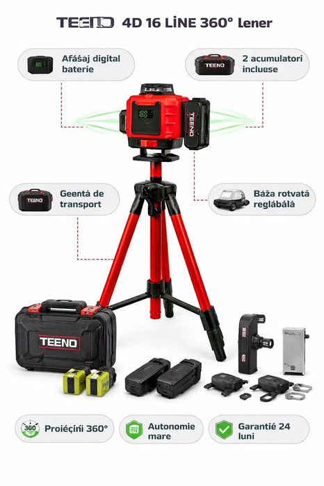 Nivel Laser 4D TEENO 16 Linii 360 cu Trepied si 2 Acumulatori